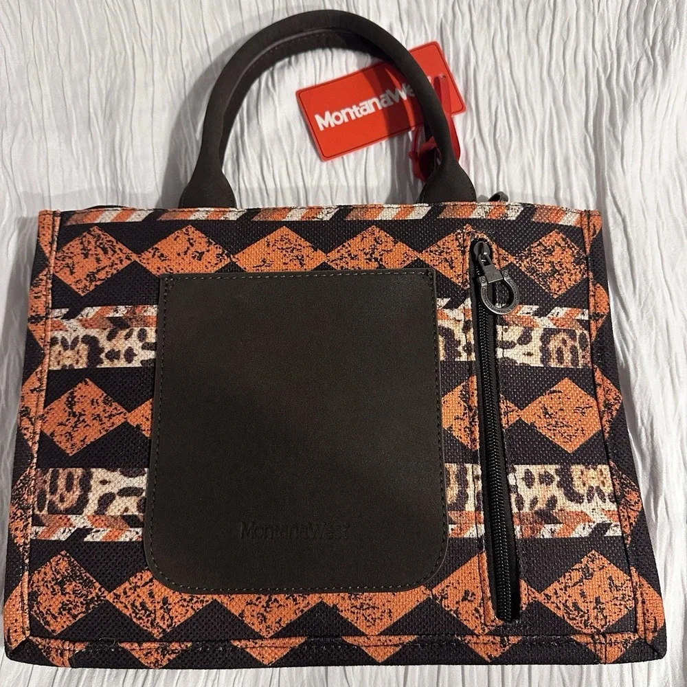 Montana West‎ Southwestern Leopard Accent Tote Bag Rust Black Western Purse NWT